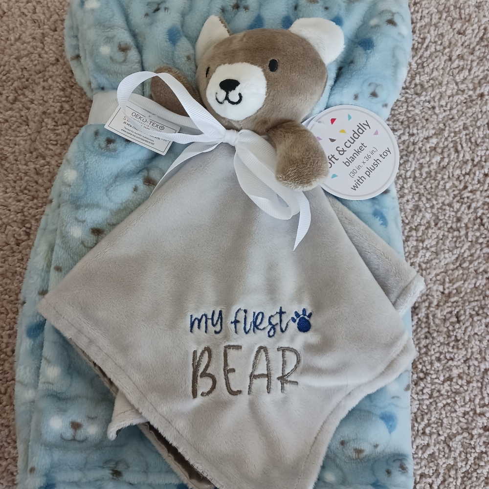 Soft & Cuddly Blue Baby Blanket with Bear Lovey